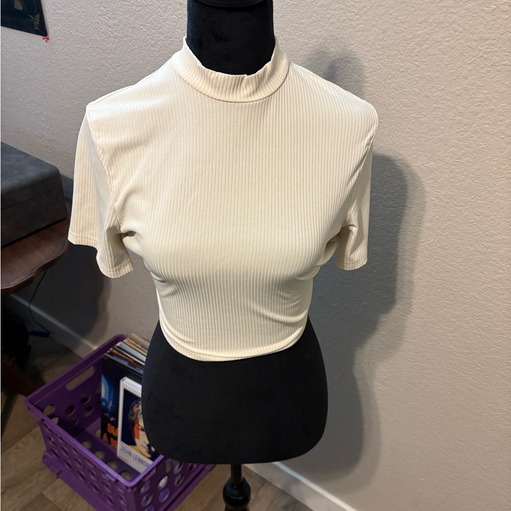 SHEIN Cream Ribbed High Neck Crop Top